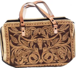 "Leather Tooled Longhorn" Cotton Purse with Leather Straps