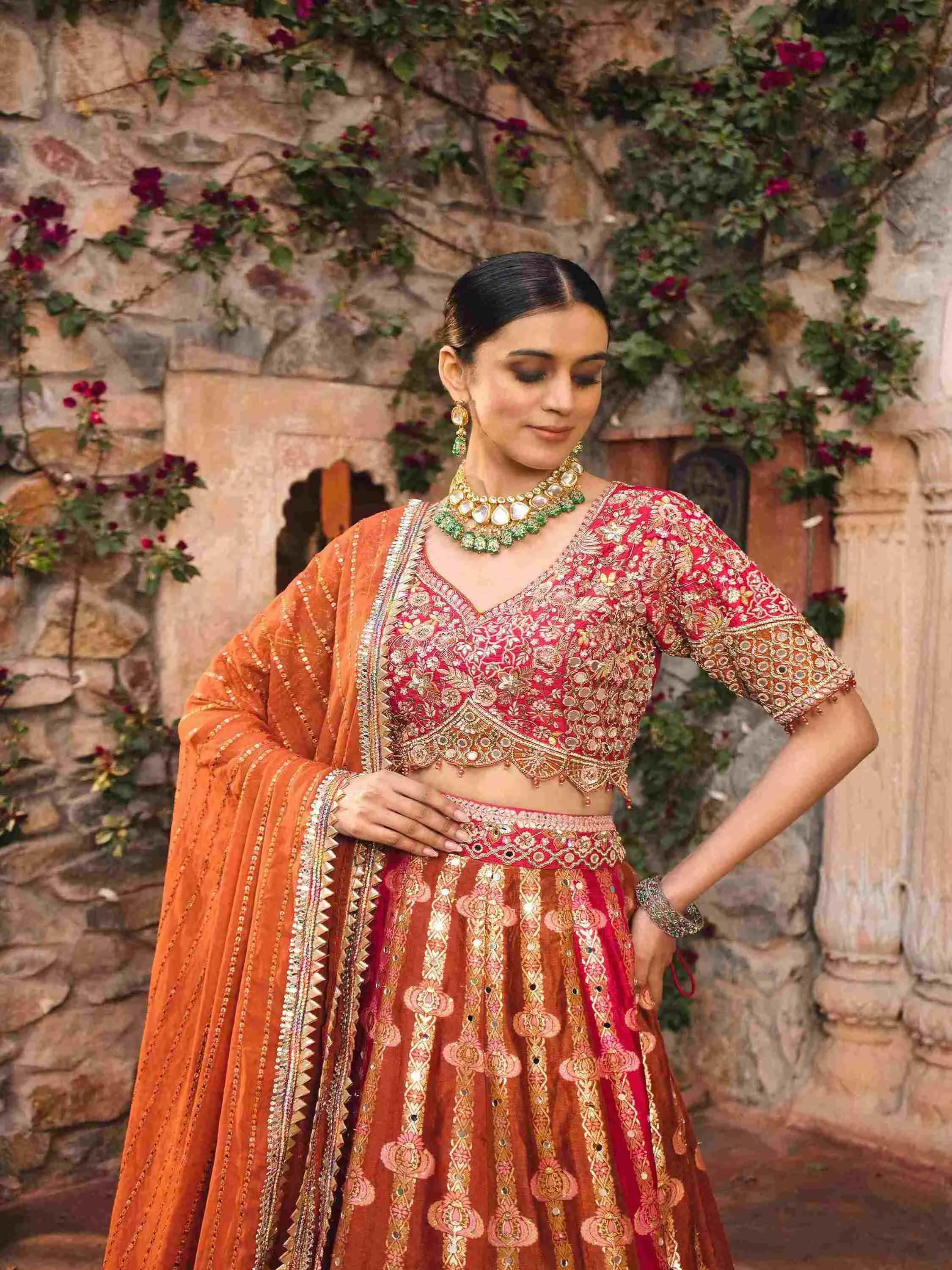 Rani Rust Lehenga Choli with Mirror, and Cut Dana Work