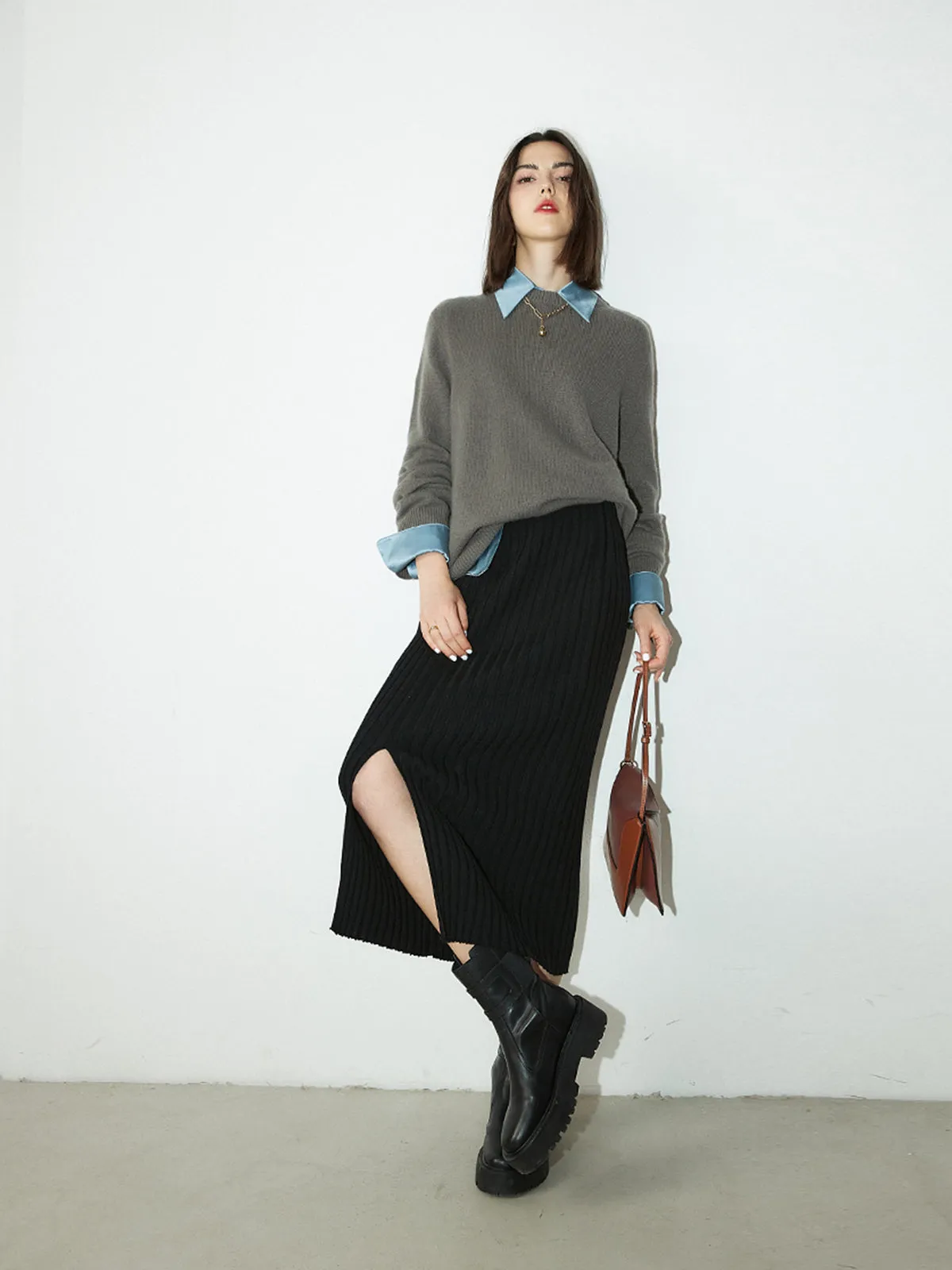 Ribbed Long Graceful Knitted Midi Skirt