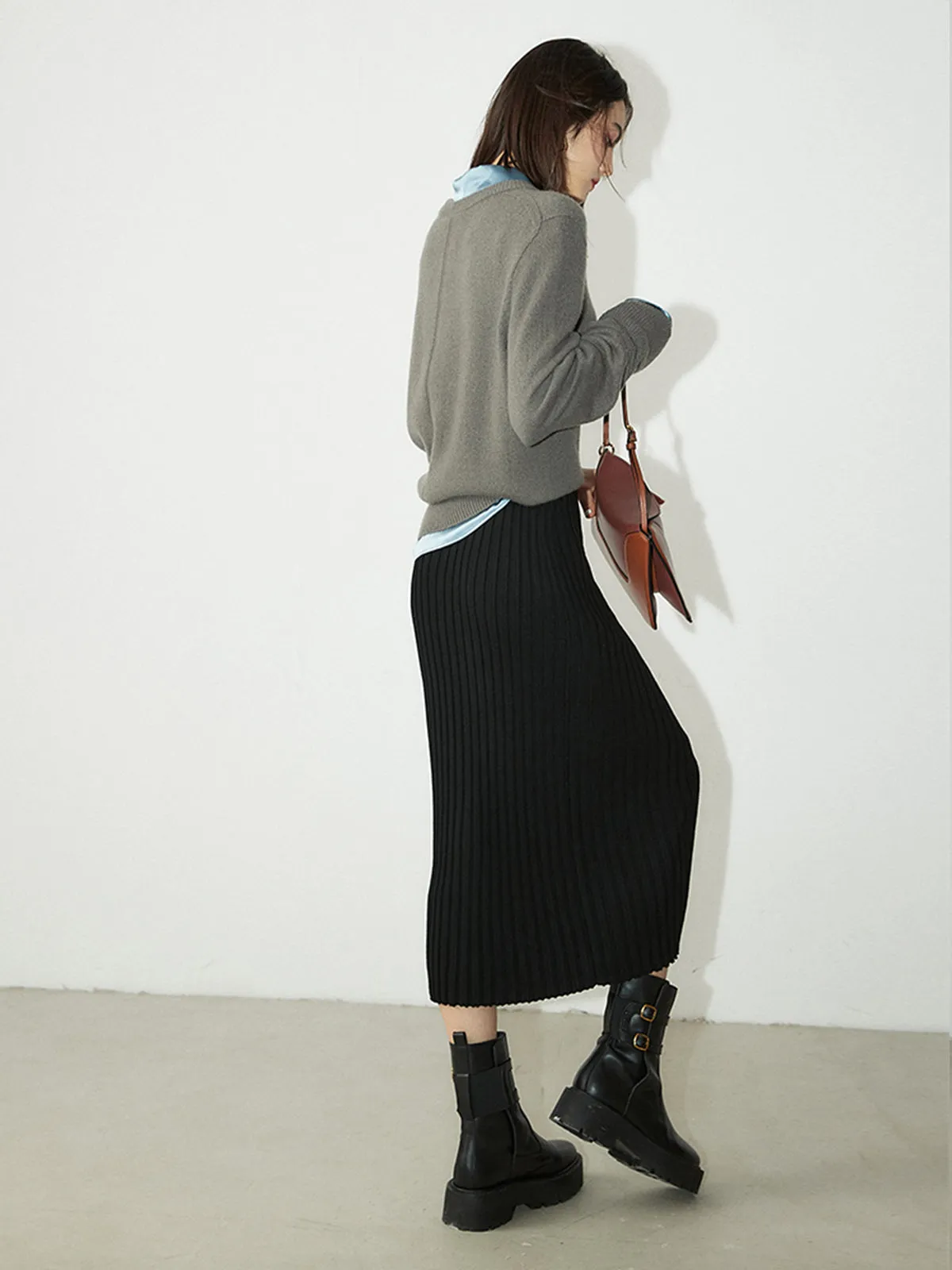 Ribbed Long Graceful Knitted Midi Skirt