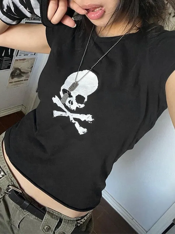 Skull Print Graceful Cropped Tank Top