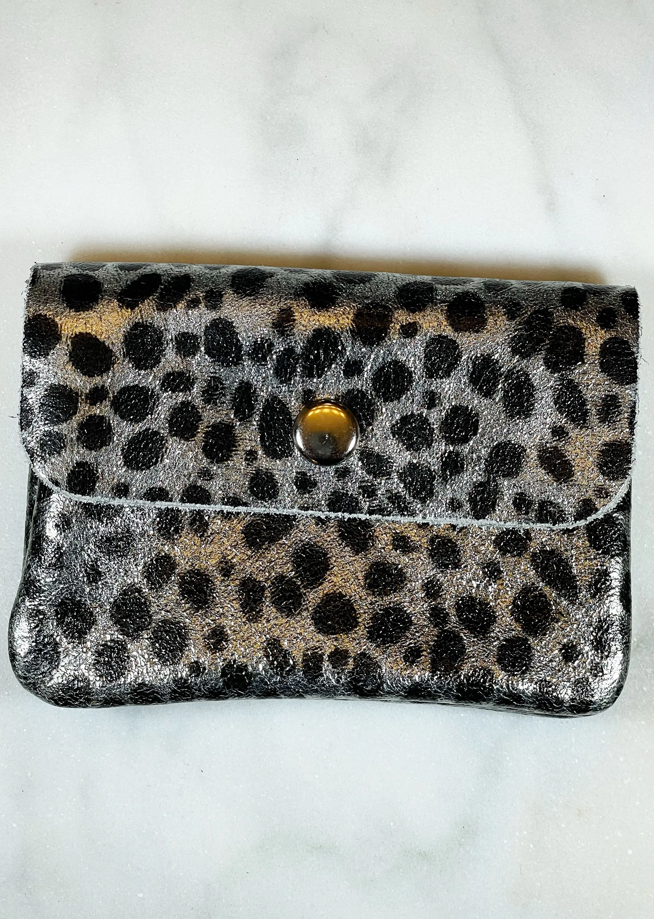 Small Metallic Leather Coin Purse - Silver Cheetah