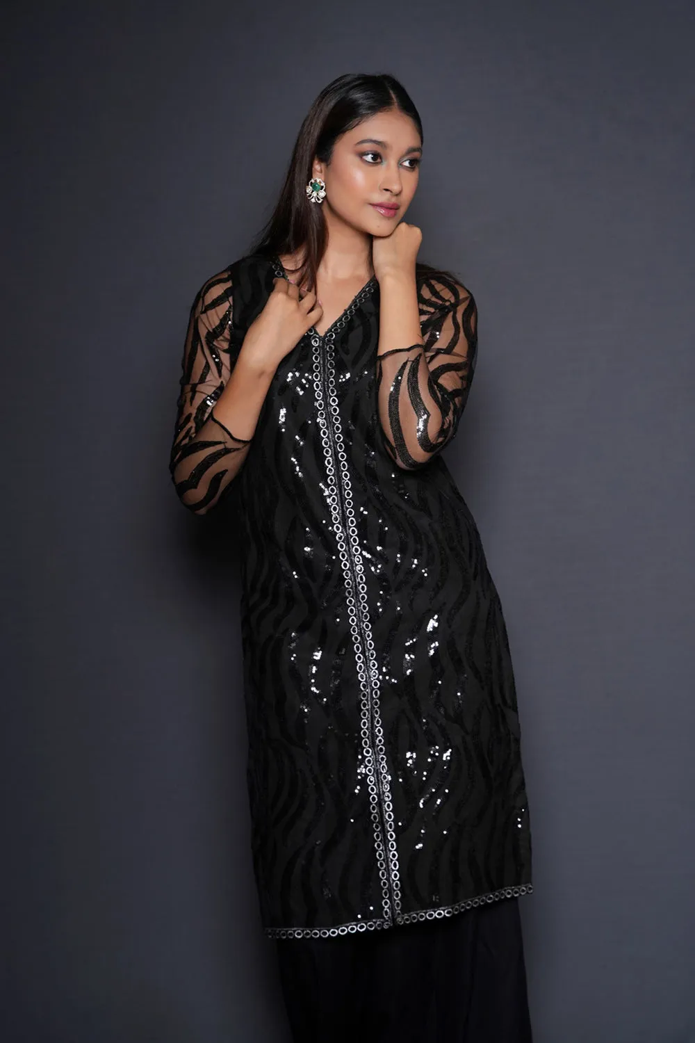 Striking Black Embellished Kurta Palazzo Set