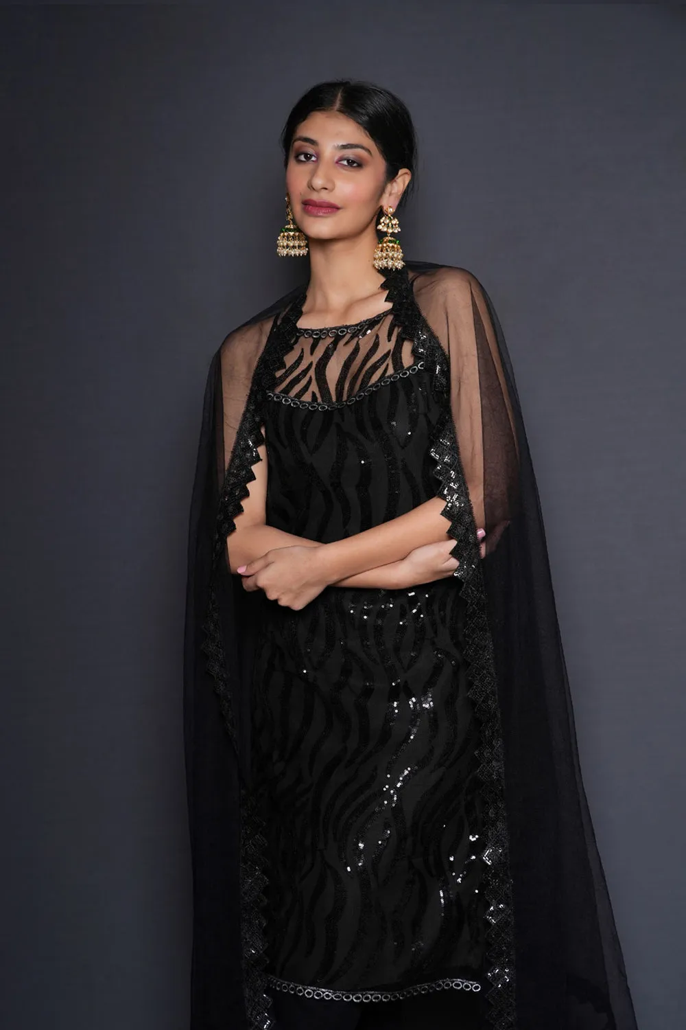 Striking Black Embellished Kurta Pant Set