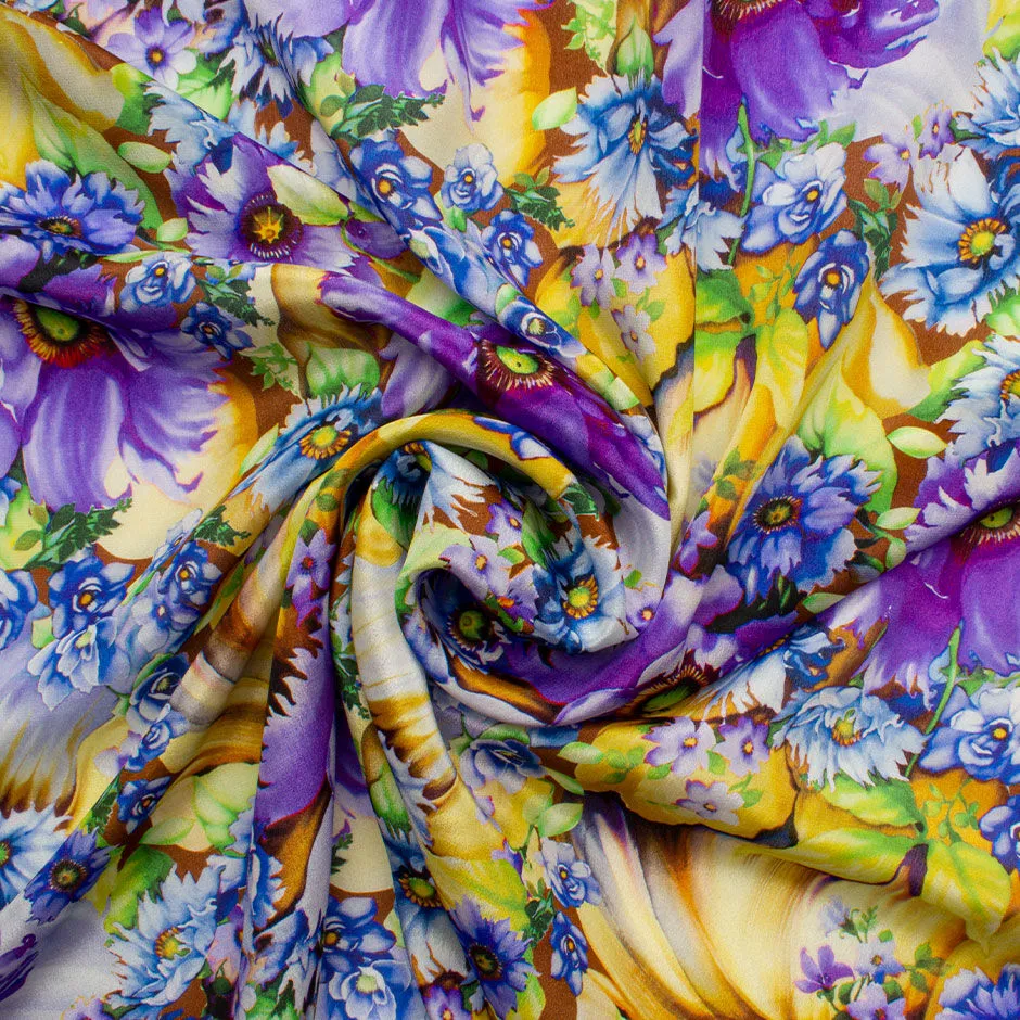 Striking Blue & Purple Floral Silk Crêpe de Chine Fabric