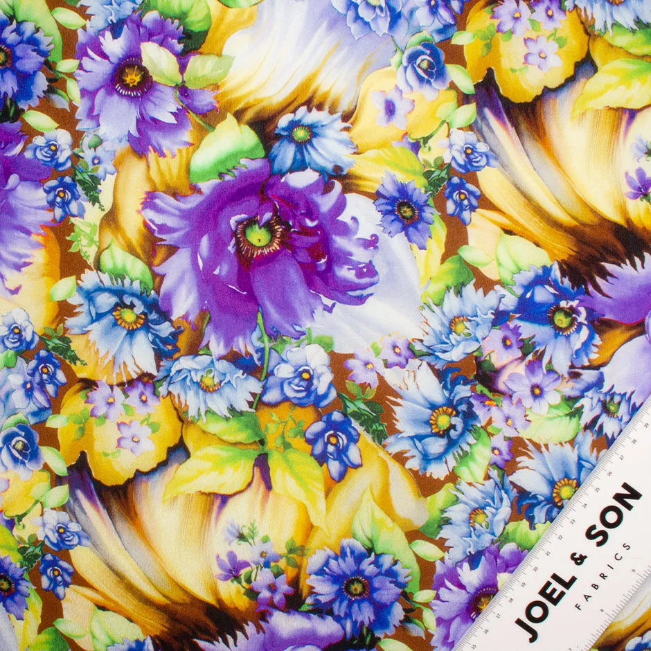 Striking Blue & Purple Floral Silk Crêpe de Chine Fabric