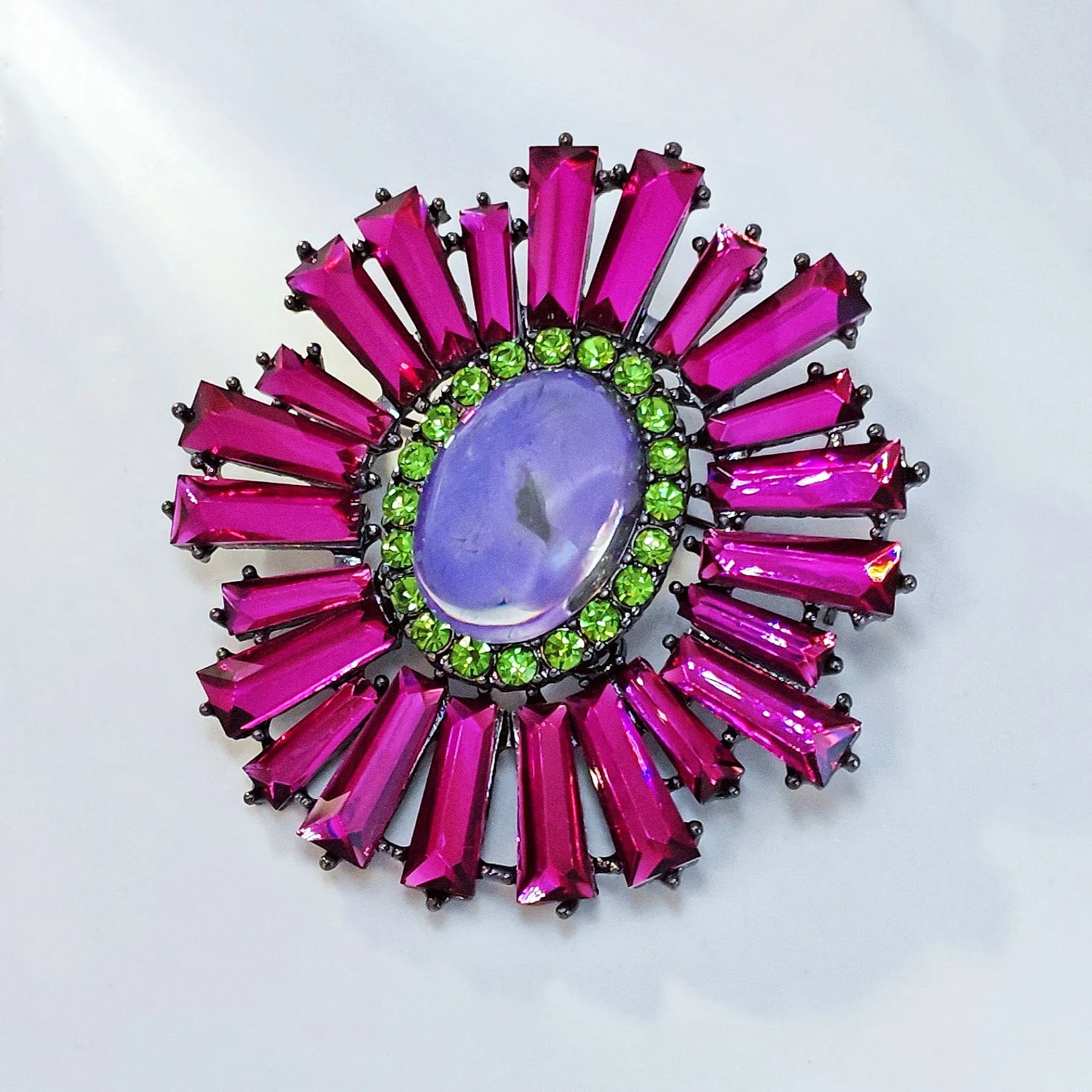 Striking Fuchsia Pink KEYSTONE Flower Brooch Pin Statement Jewelry