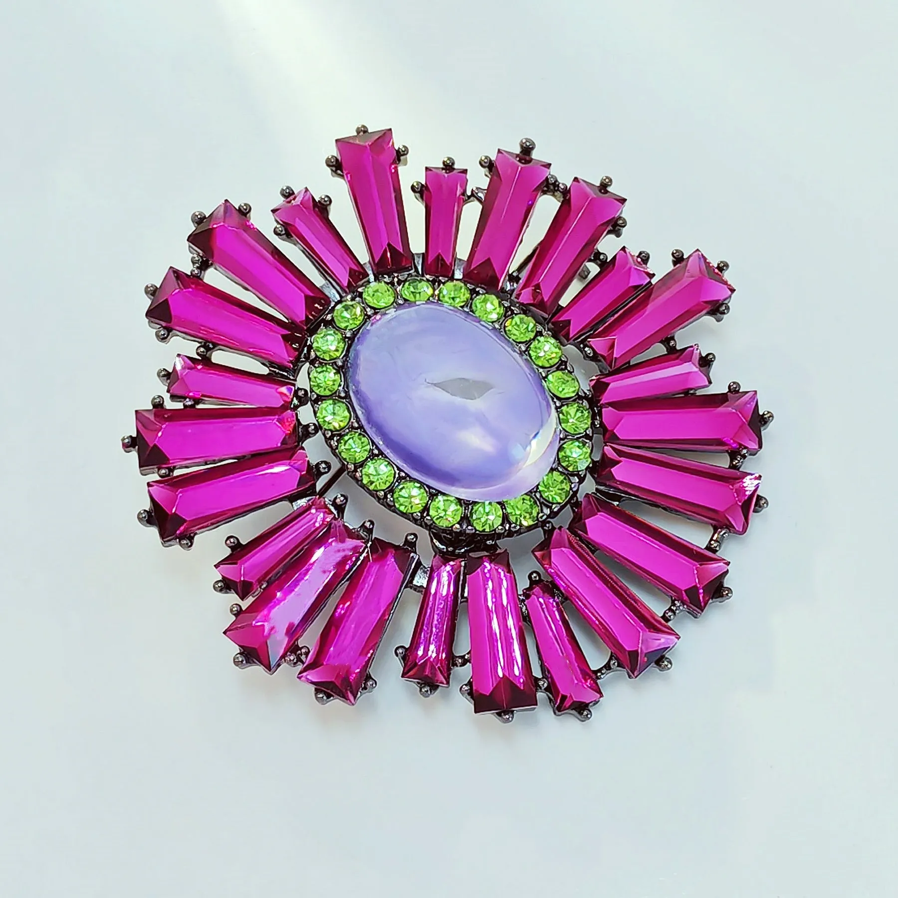 Striking Fuchsia Pink KEYSTONE Flower Brooch Pin Statement Jewelry