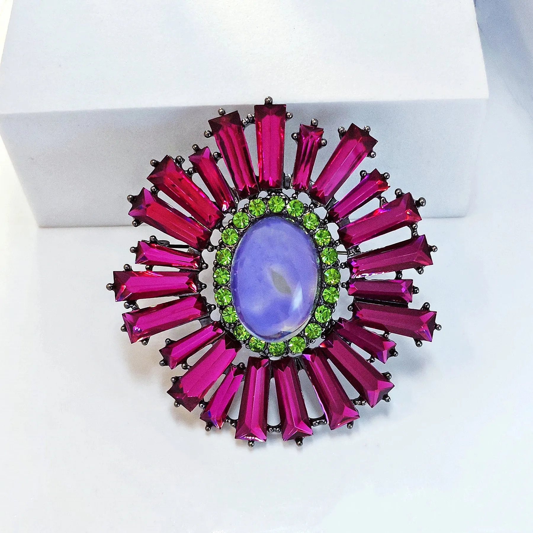 Striking Fuchsia Pink KEYSTONE Flower Brooch Pin Statement Jewelry