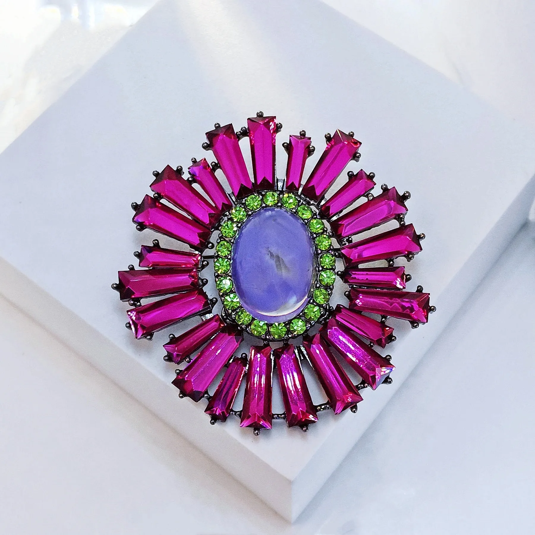 Striking Fuchsia Pink KEYSTONE Flower Brooch Pin Statement Jewelry