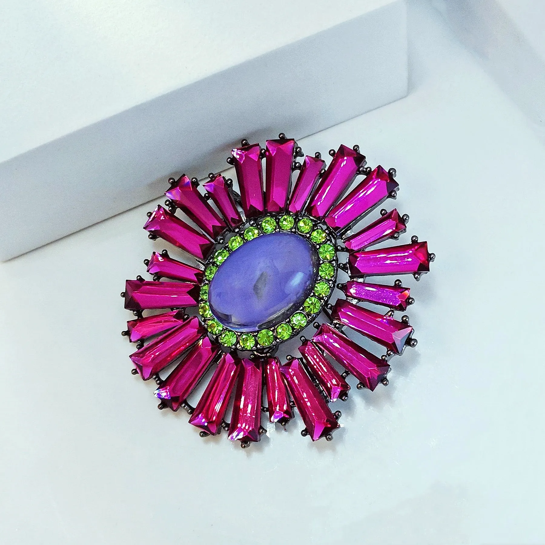 Striking Fuchsia Pink KEYSTONE Flower Brooch Pin Statement Jewelry