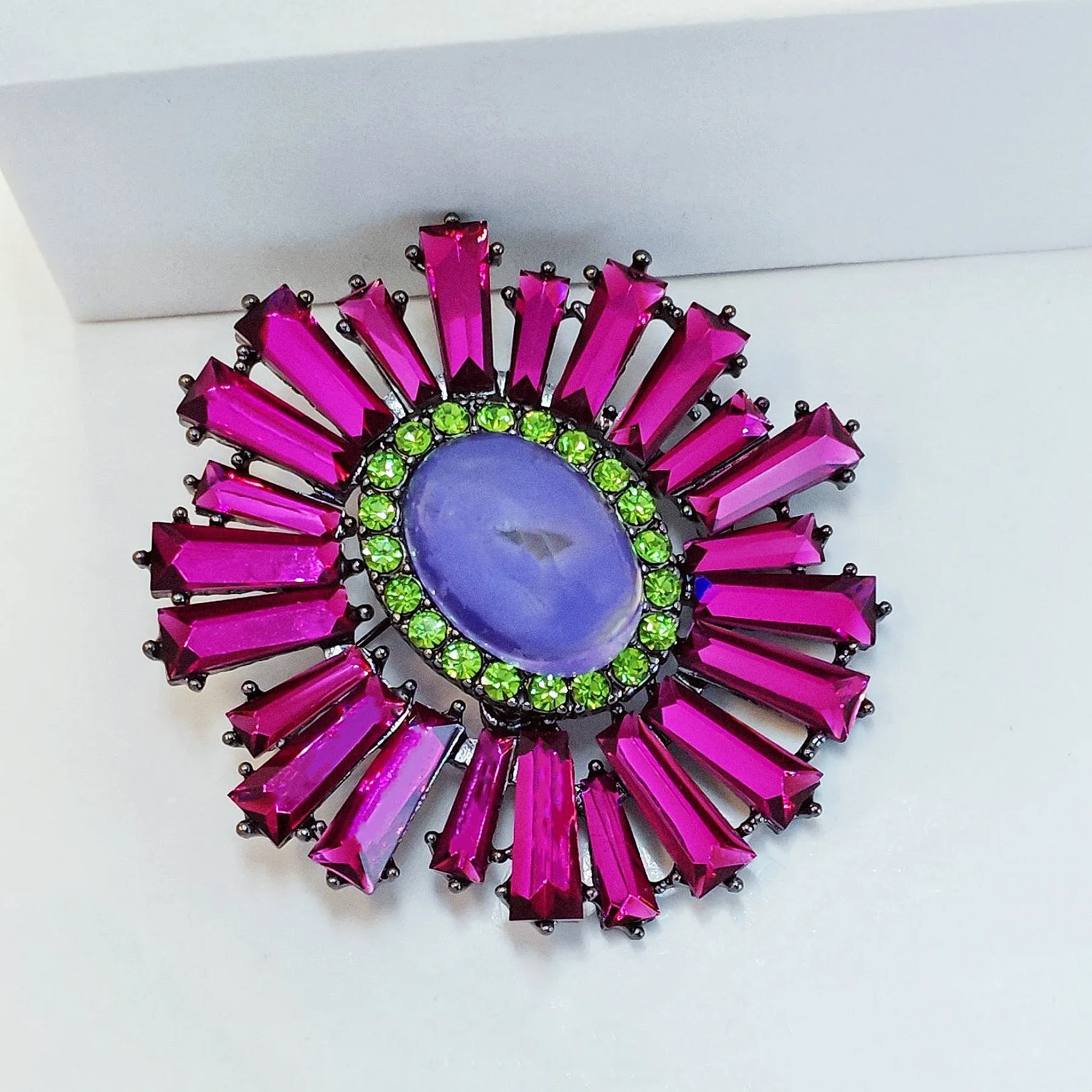 Striking Fuchsia Pink KEYSTONE Flower Brooch Pin Statement Jewelry