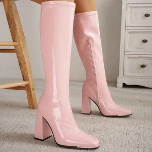 Striking Square Toe Patent Leather Block Heel Knee High Boots - Pink