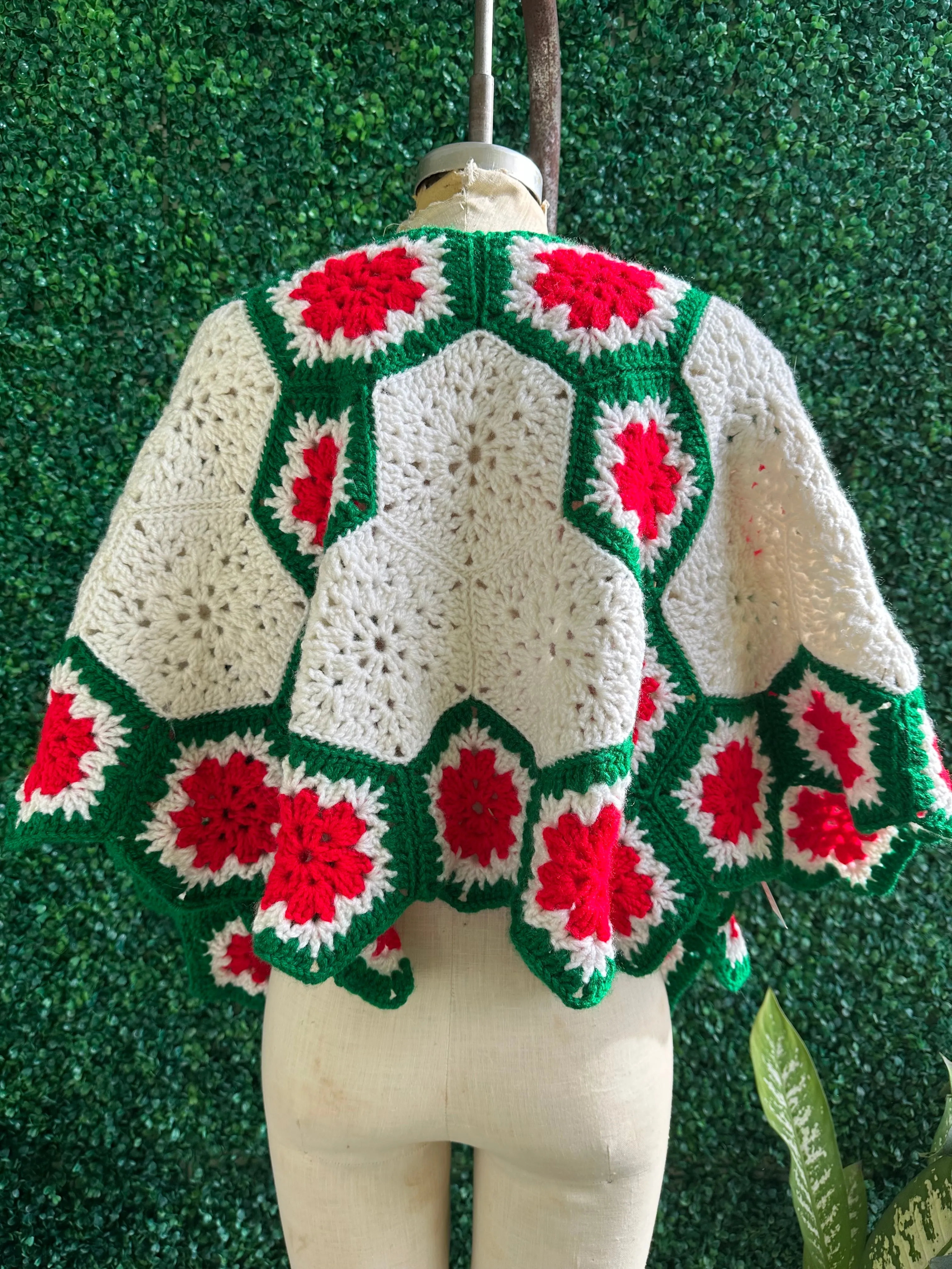 Striking Vintage Crocheted Christmas Tree Skirts, shawl cape