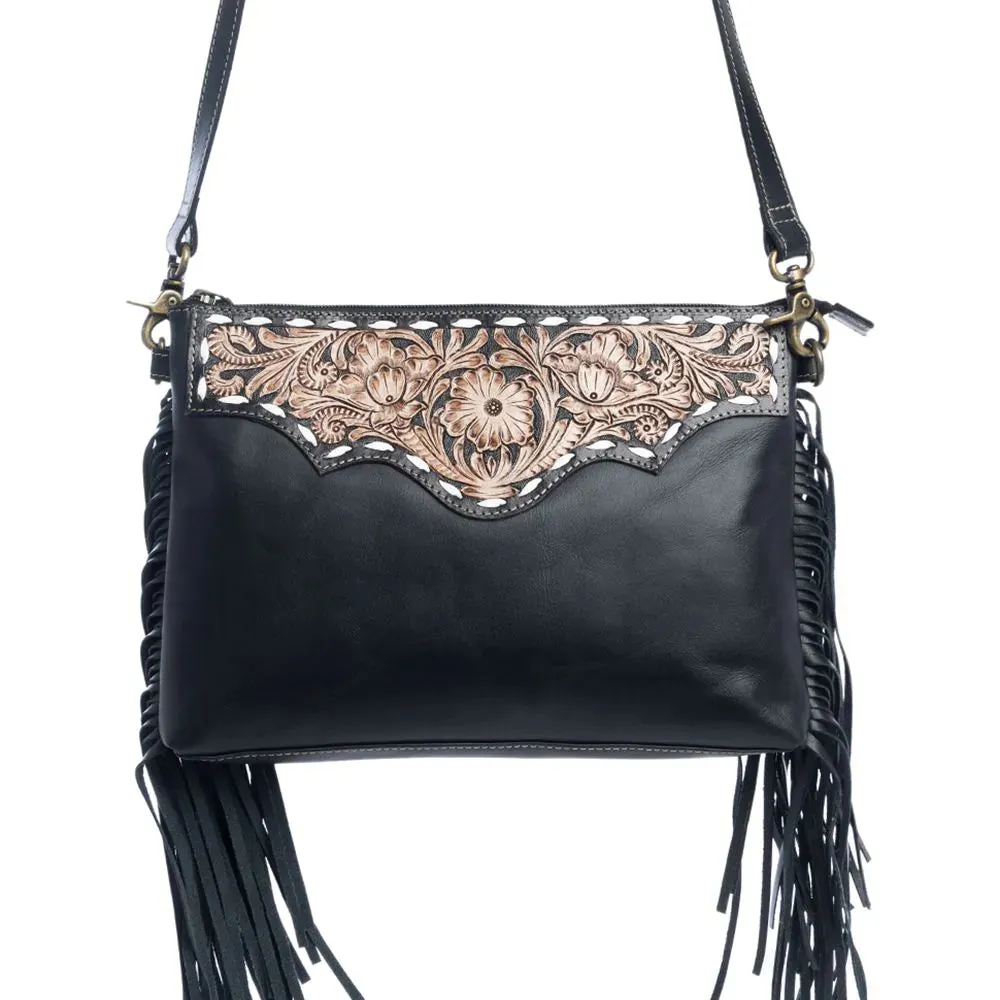 Sunflower Hand-tooled Leather Crossbody Bag with Fringe