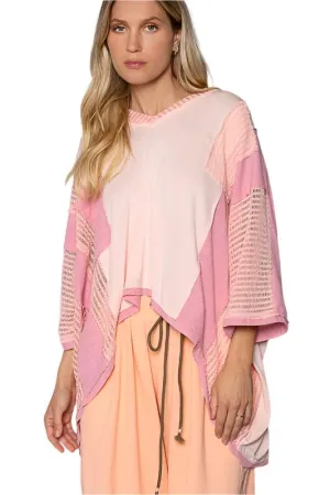 TEEK - Peach Blush Oversize High-Low Contrast V-Neck 3/4 Sleeve Top