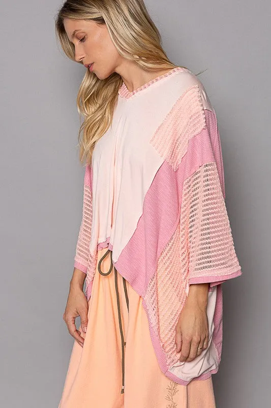 TEEK - Peach Blush Oversize High-Low Contrast V-Neck 3/4 Sleeve Top