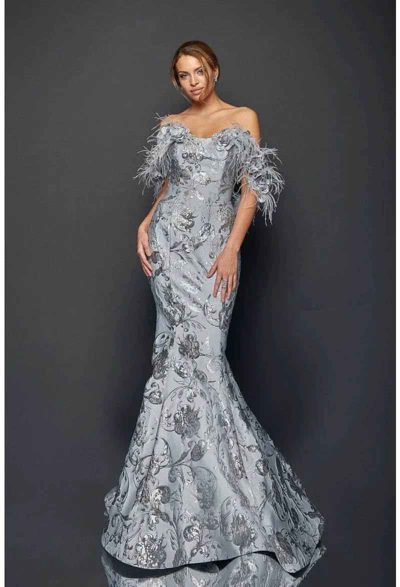 Terani 1921E0136 - Striking Flower And Feather Strapless Evening Gown