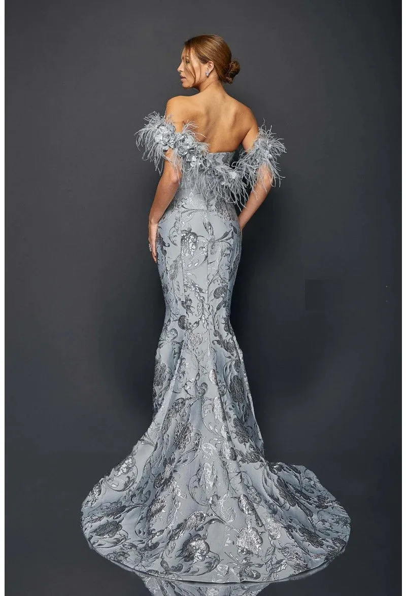 Terani 1921E0136 - Striking Flower And Feather Strapless Evening Gown