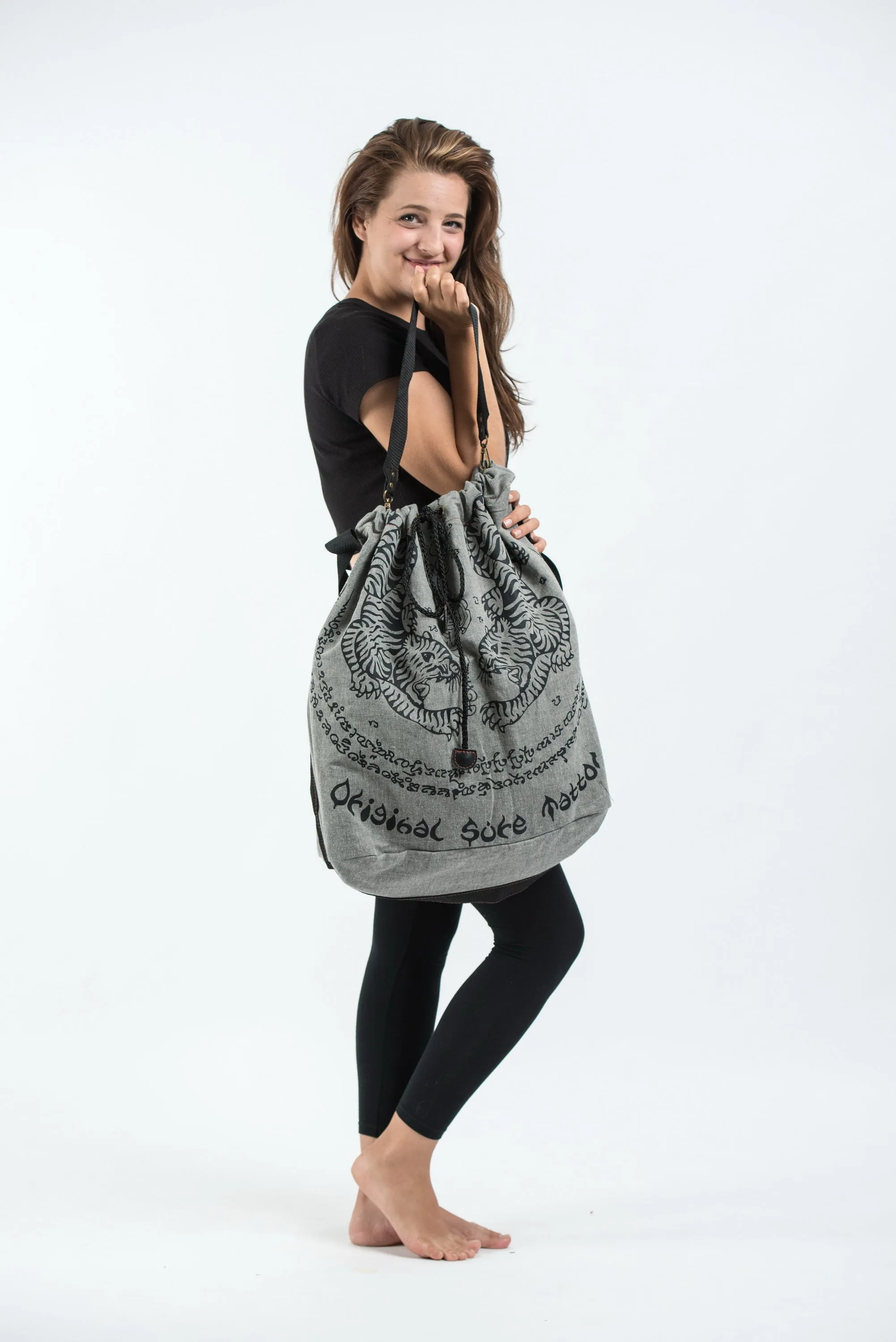 Thai Tattoo Oversize Drawstring Shoulder Bag  in Denim Gray