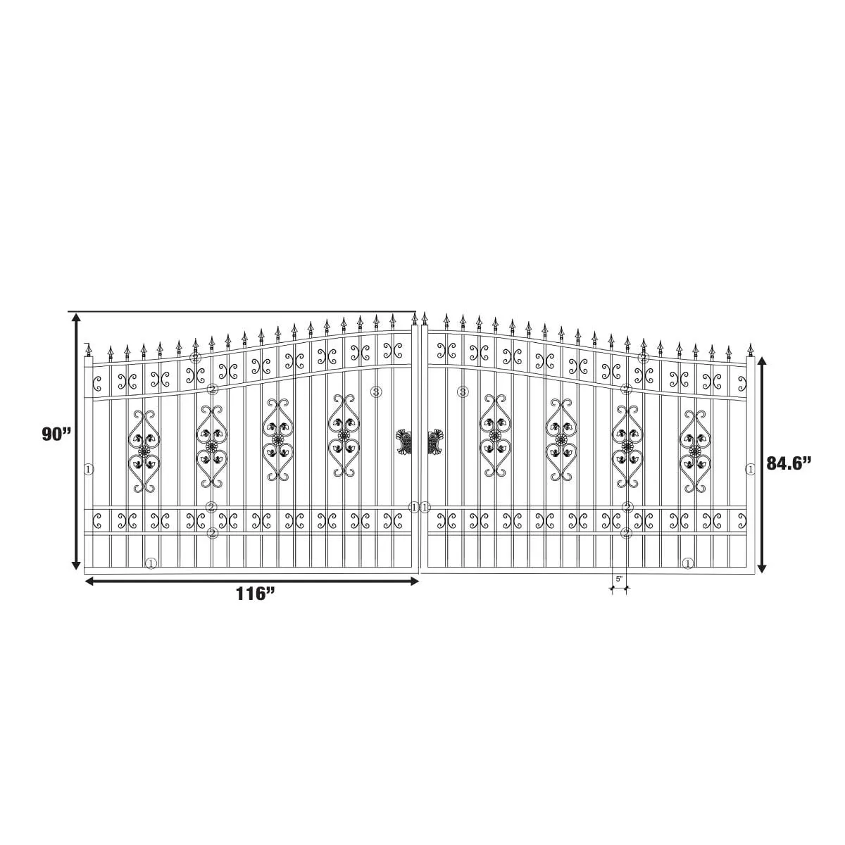 TMG Industrial 20-ft Bi-Parting Deluxe Wrought Iron Ornamental Gate, 100% Solid Forged Steel, Powder Coated, TMG-MG20