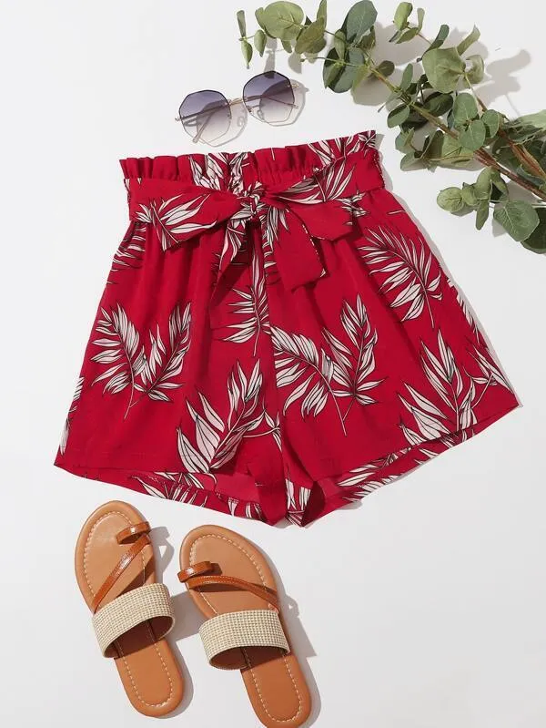 Tropical Print Self Tie Paperbag Shorts