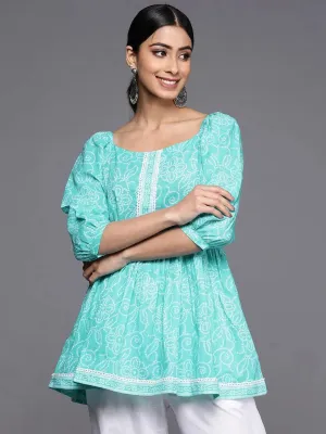 Turquoise Blue Printed Cotton A-Line Kurti