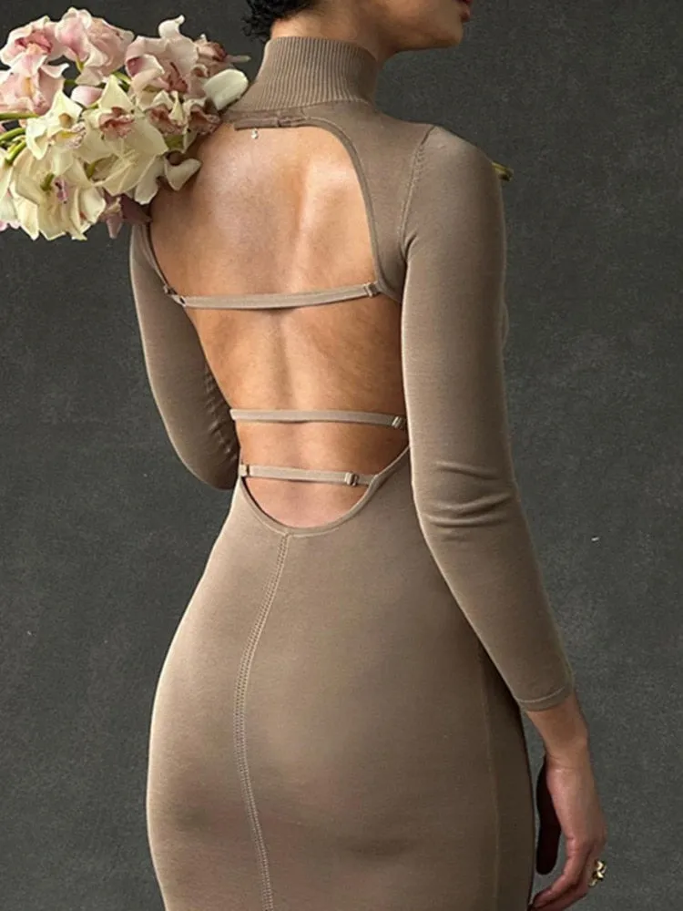 Turtleneck Backless Graceful Bodycon Midi Dress