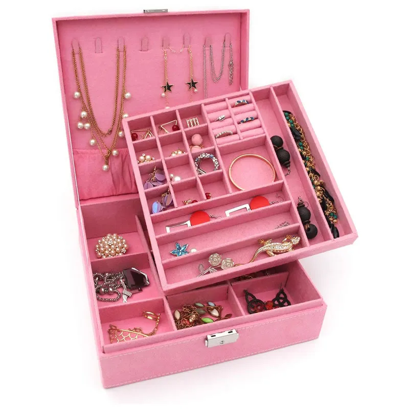 Two-Layer Jewelry Box Organizer Case With Lock -Blss0003 Pink