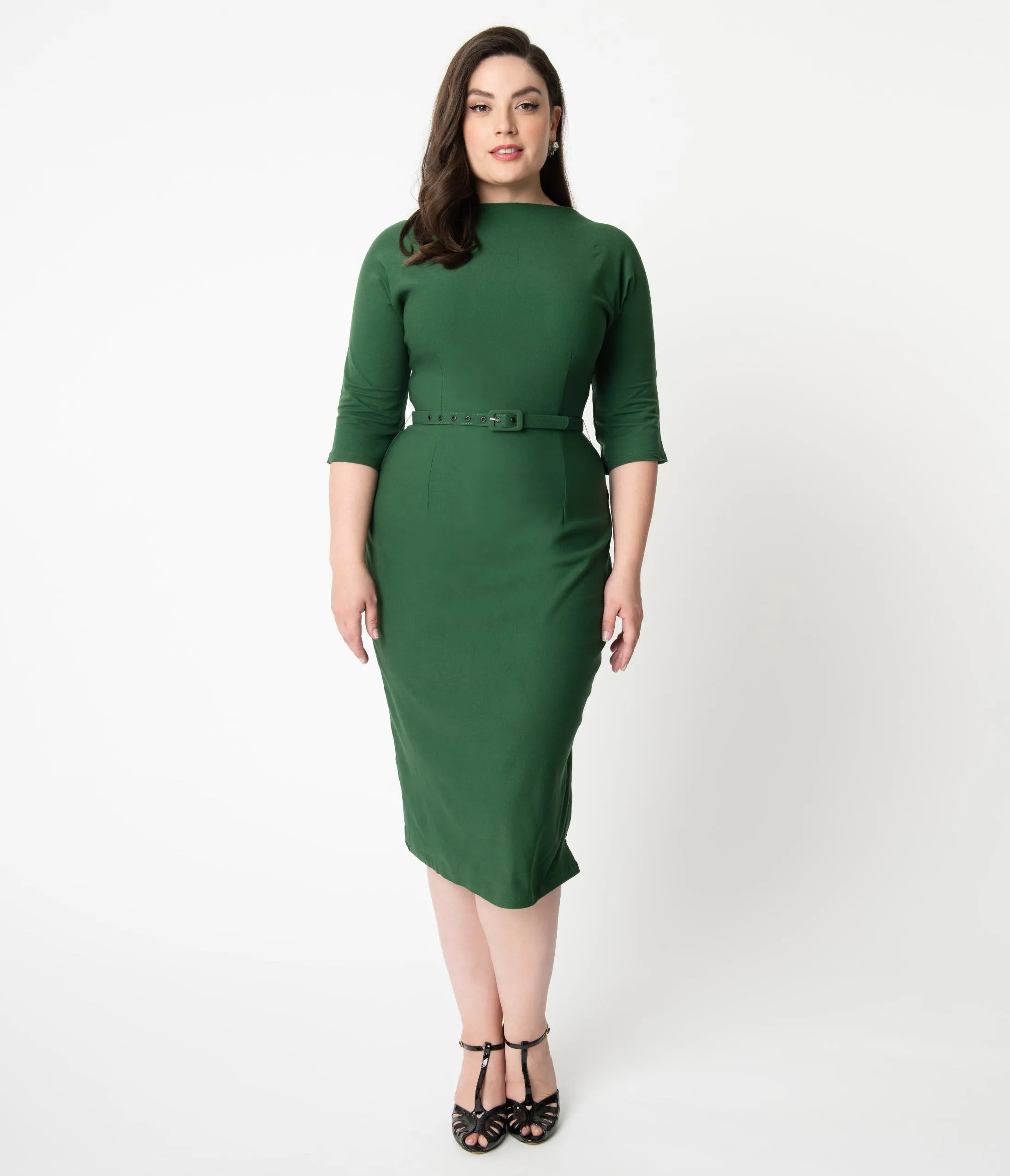 Unique Vintage Plus Size 1940s Style Green Stretch Sleeved Adelia Wiggle Dress