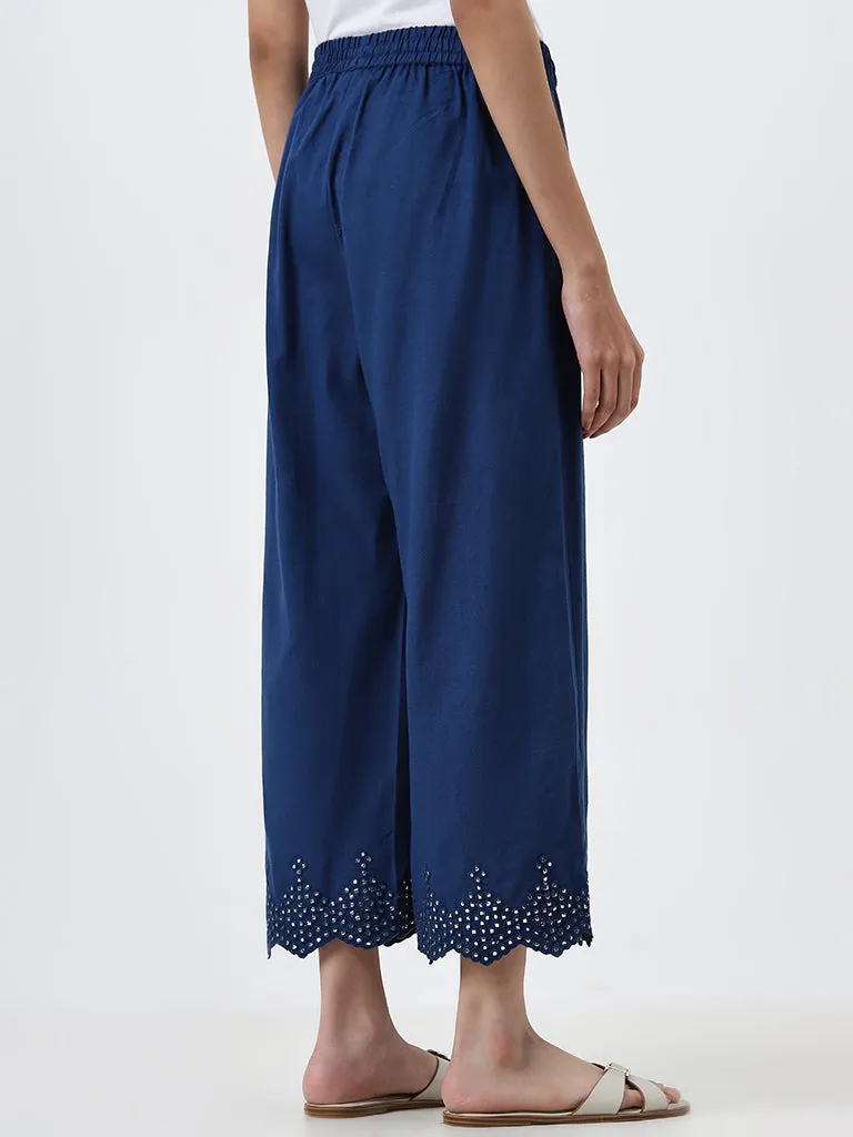 Utsa Dark Blue Embellished High-Rise Cotton Palazzos