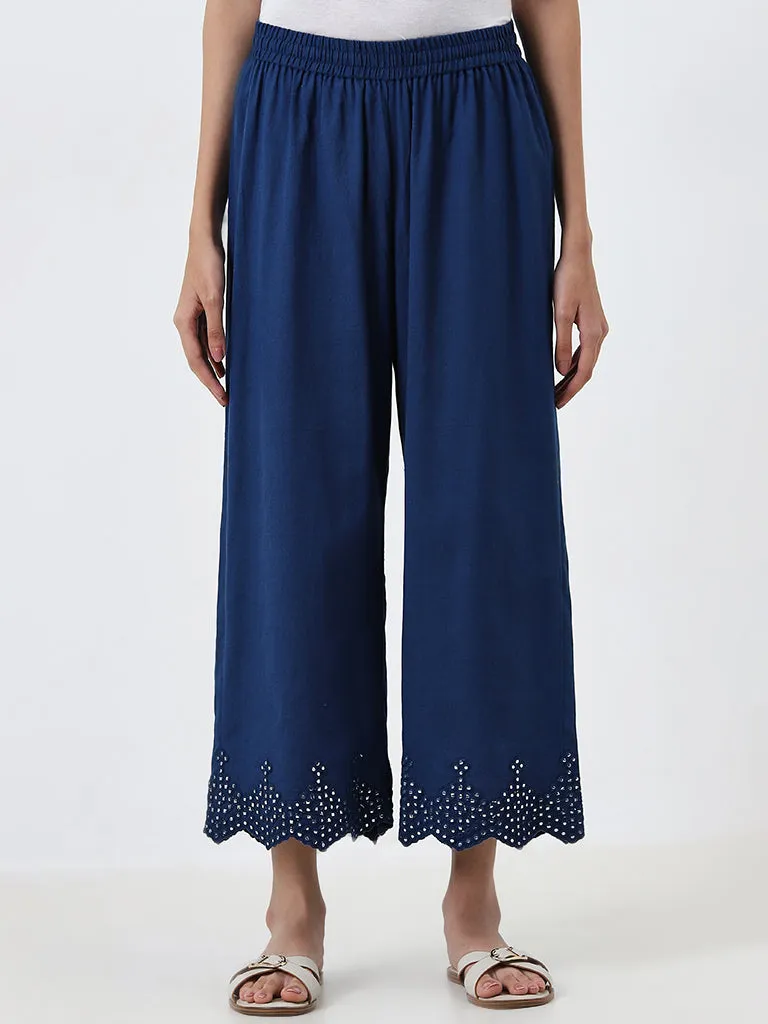 Utsa Dark Blue Embellished High-Rise Cotton Palazzos