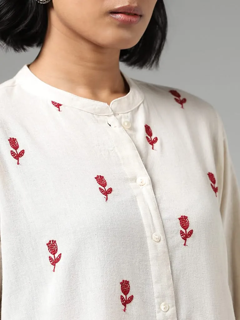 Utsa Floral Embroidered Off White Kurta