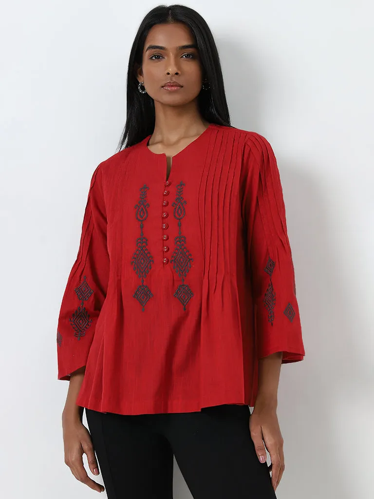 Utsa Red Embroidered A-Line Cotton Kurti