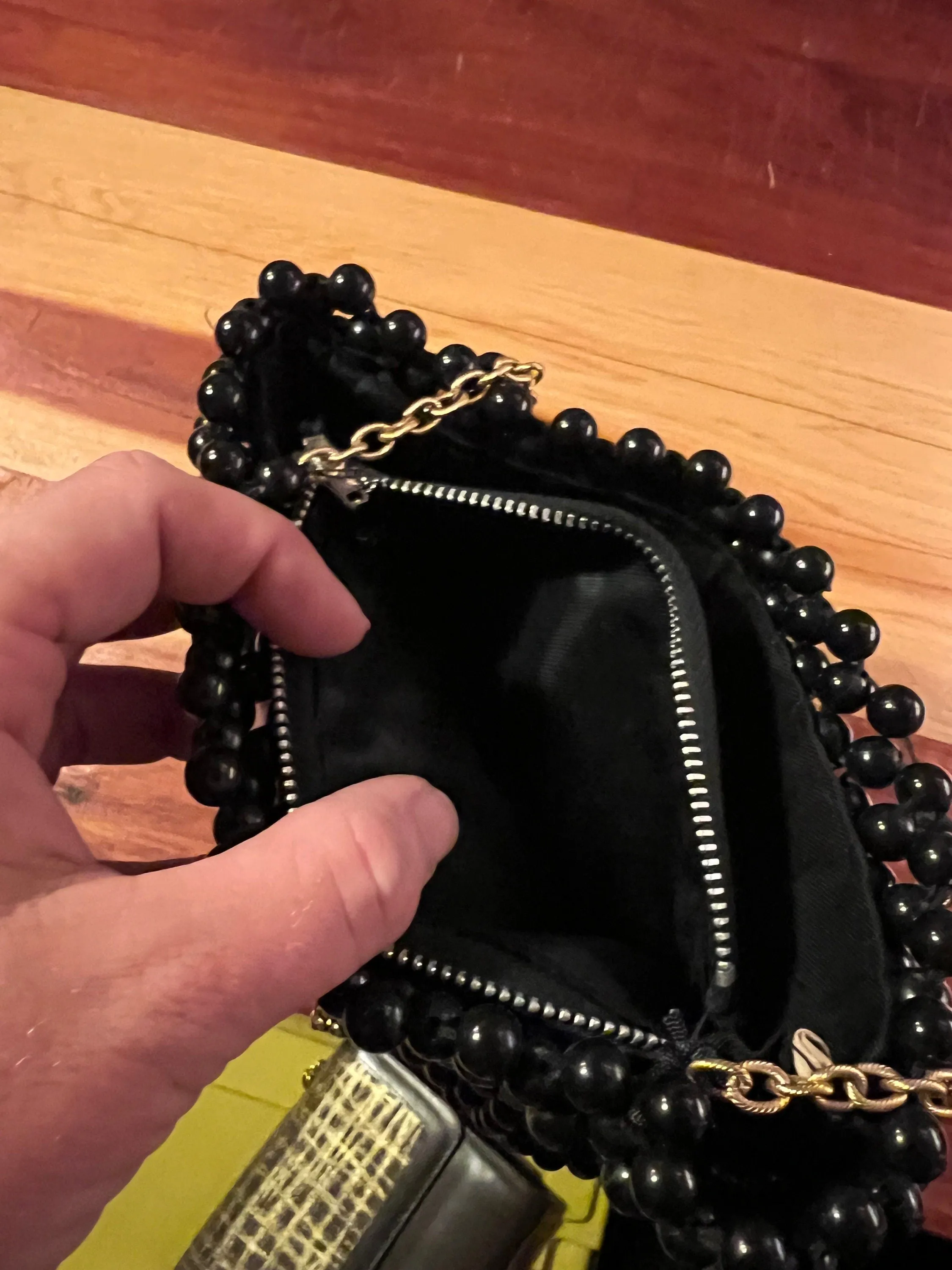 vintage black bead purse with gold chain