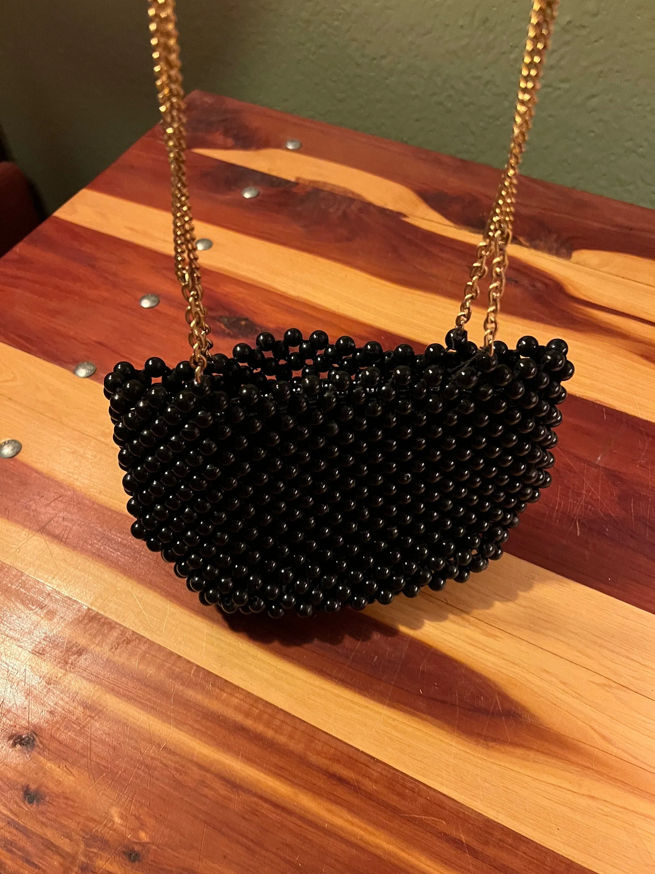 vintage black bead purse with gold chain