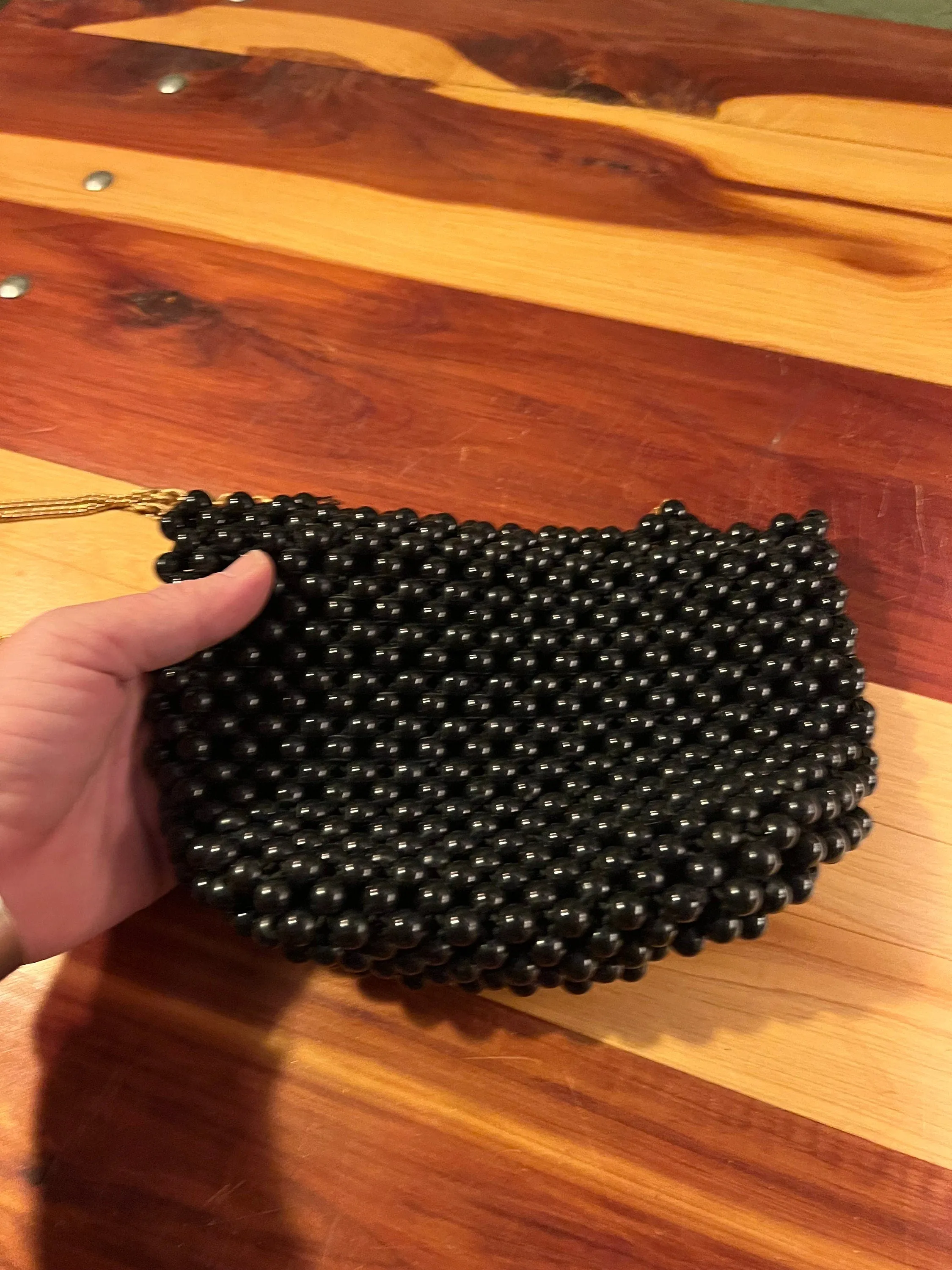 vintage black bead purse with gold chain