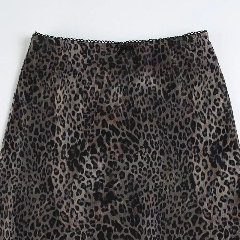 Vintage Leopard Print Patchwork Lace Maxi Skirt