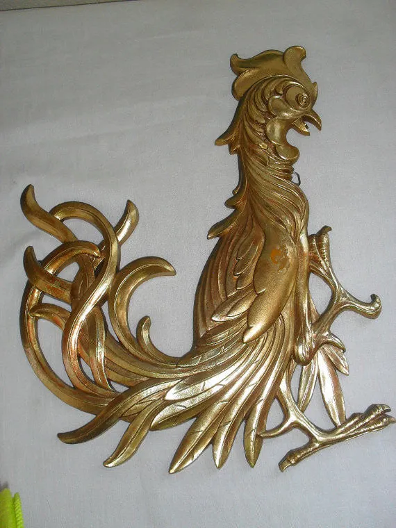 Vintage Syroco Hollywood Regency Gold Fighting Rooster or CRAZY CHICKEN rooster art wall hanging