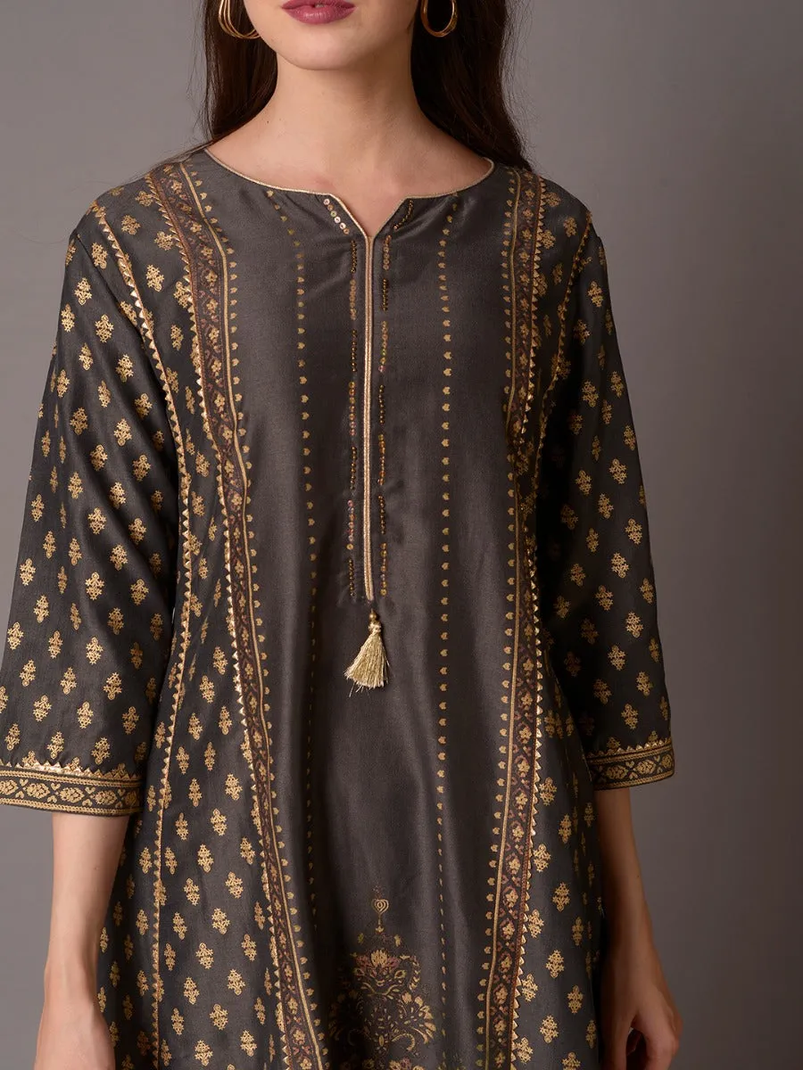 Women Grey Ornamental Print Kurta