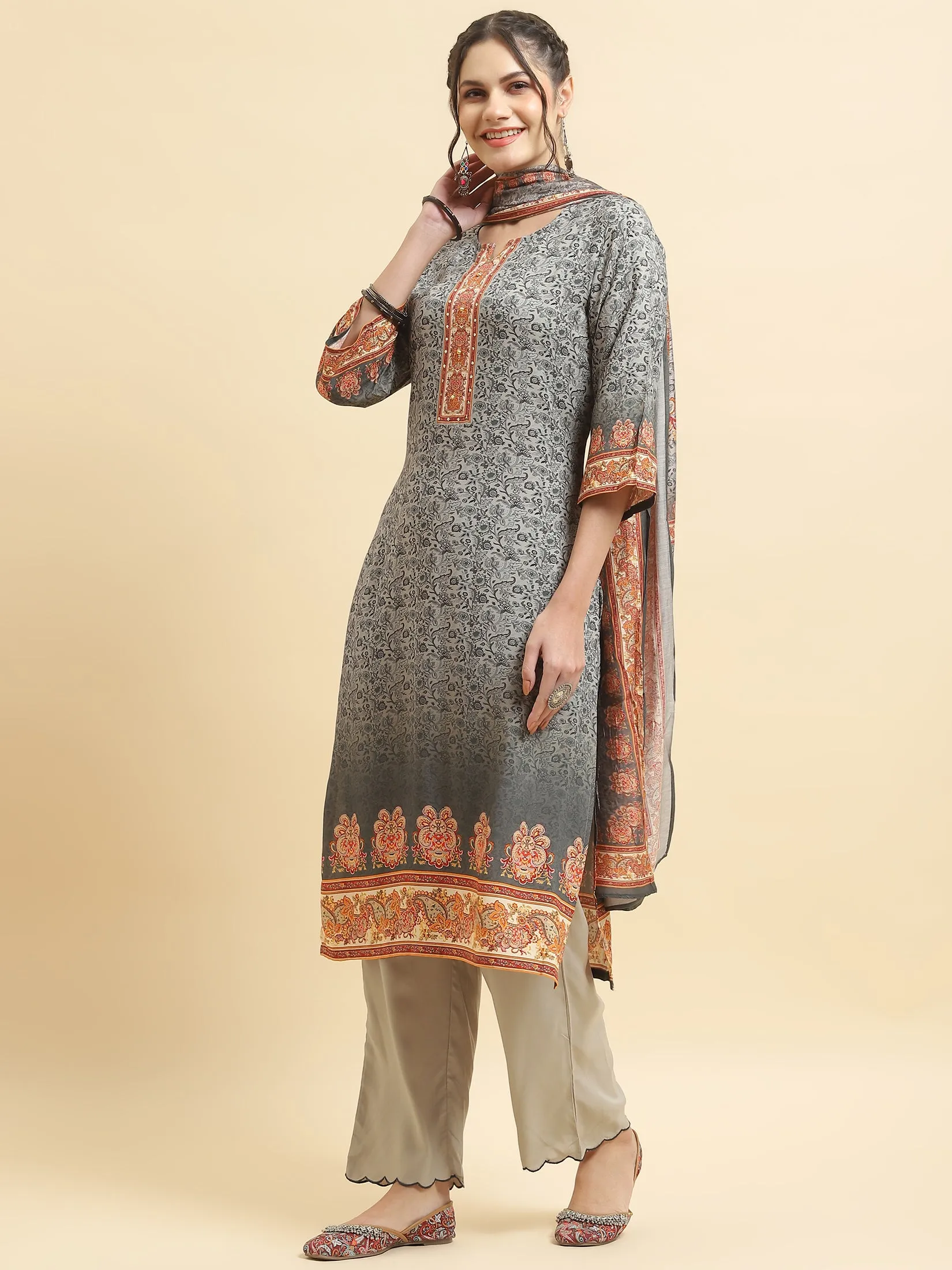 Women Liva Rayon Grey Ornamental Print Kurta Comfort Pant Dupatta