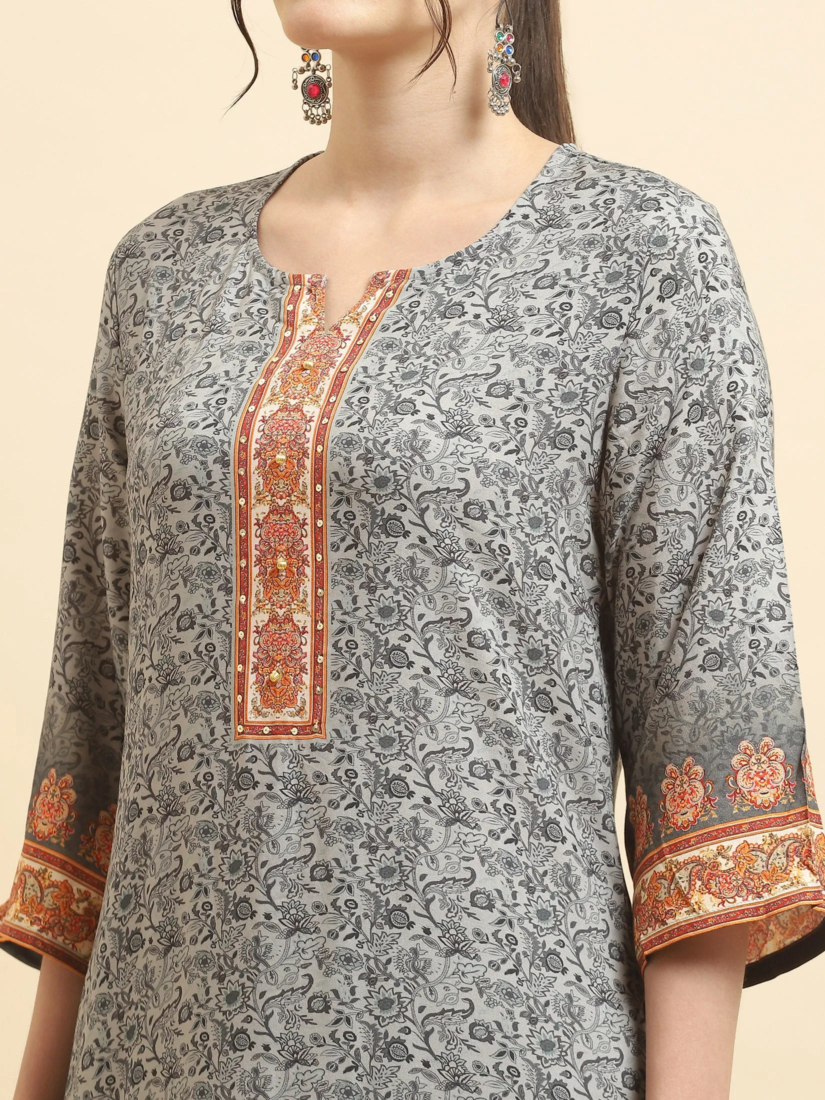 Women Liva Rayon Grey Ornamental Print Kurta Comfort Pant Dupatta