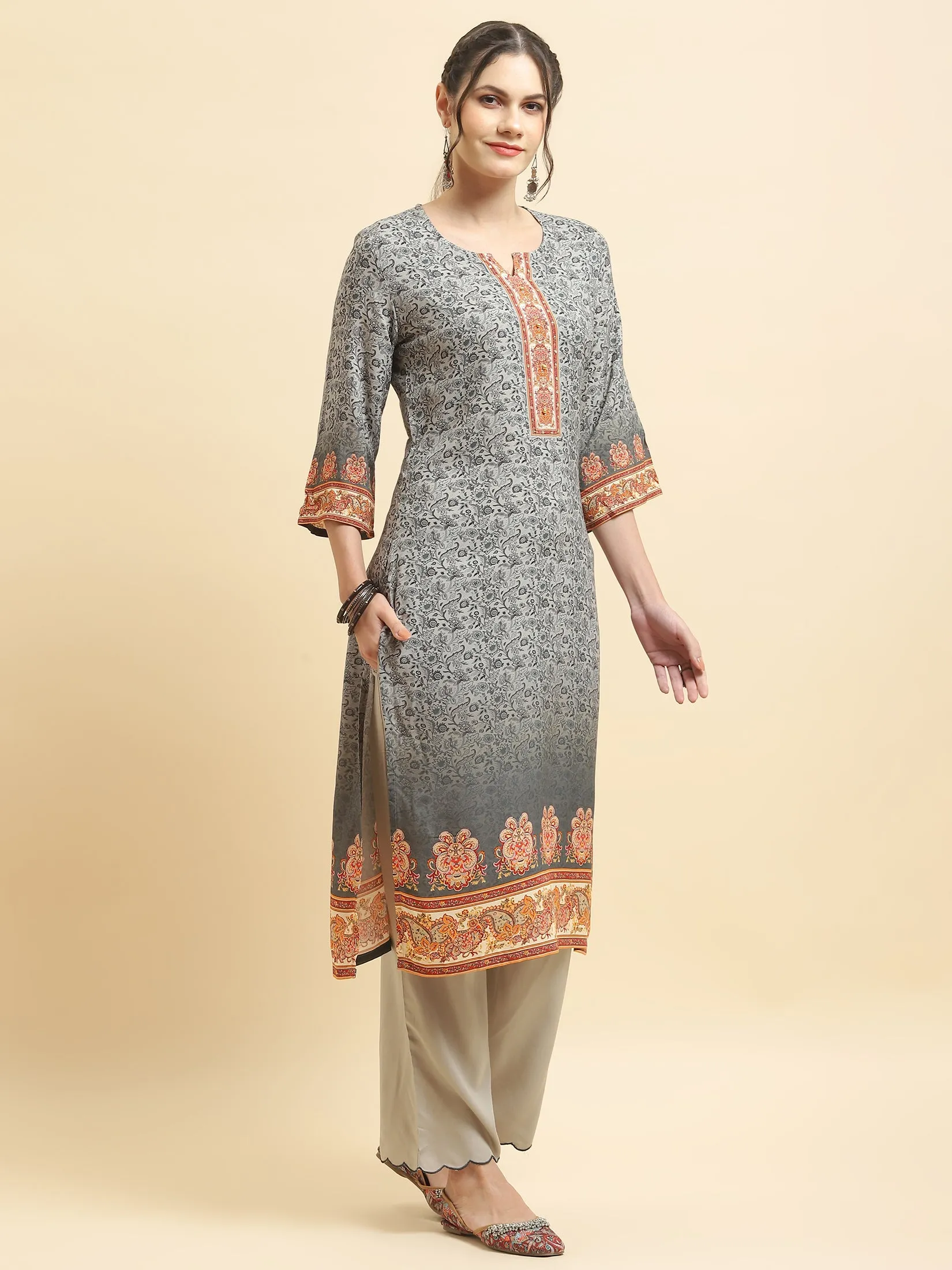 Women Liva Rayon Grey Ornamental Print Kurta Comfort Pant Dupatta