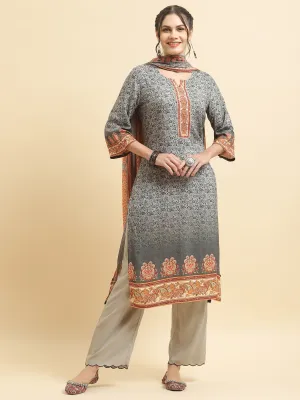 Women Liva Rayon Grey Ornamental Print Kurta Comfort Pant Dupatta