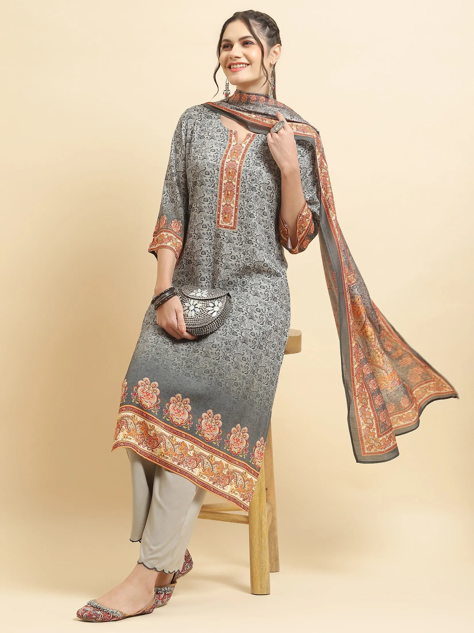 Women Liva Rayon Grey Ornamental Print Kurta Comfort Pant Dupatta