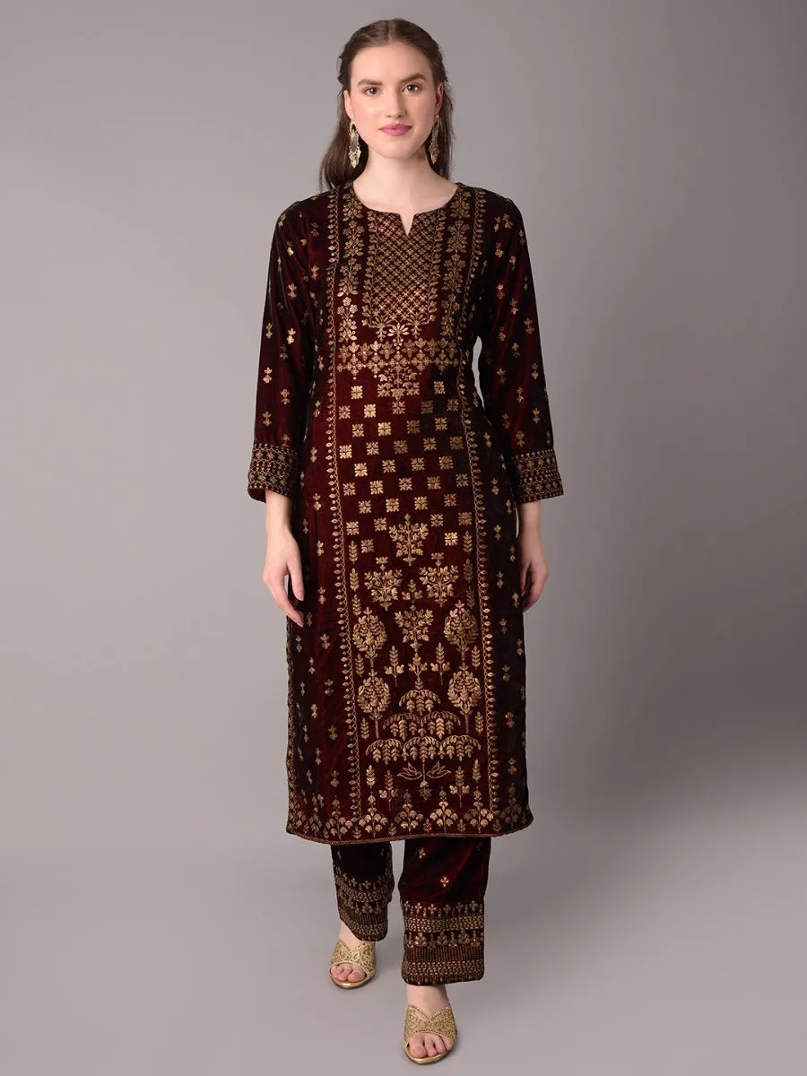 Women Maroon Velvet Kurta Comfort Pant Dupatta