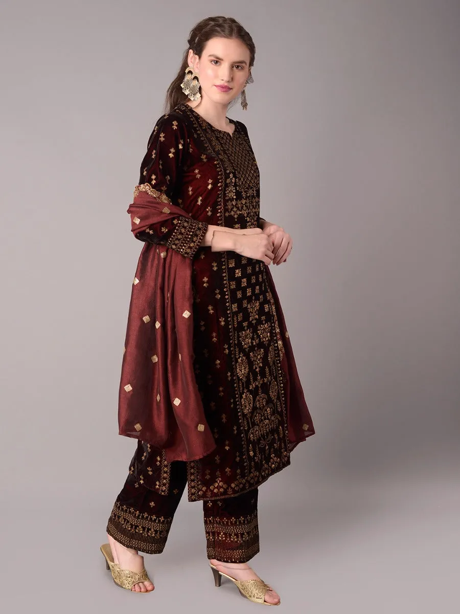 Women Maroon Velvet Kurta Comfort Pant Dupatta