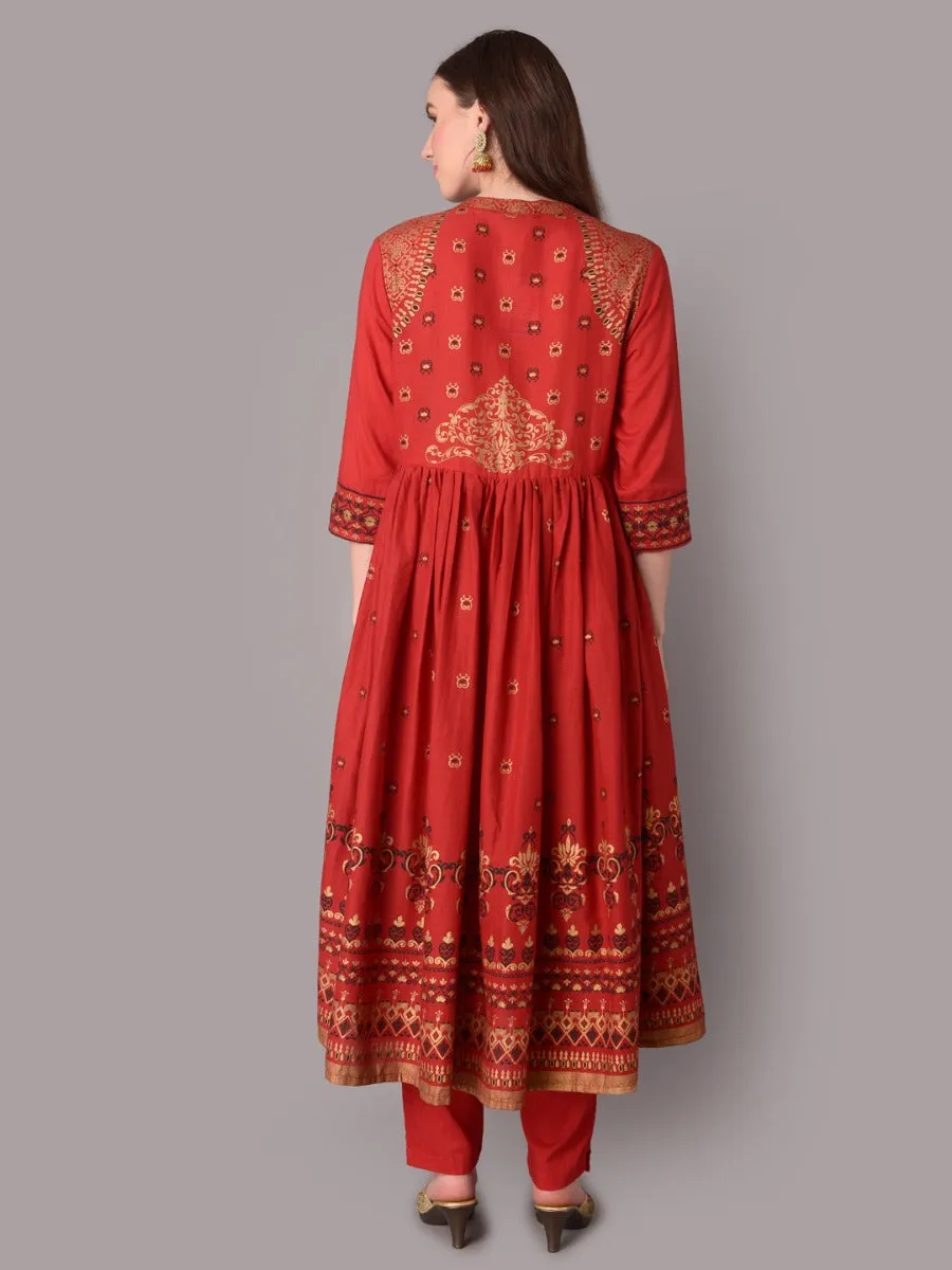 Women Red Ornamental Print Kurta Trouser Dupatta