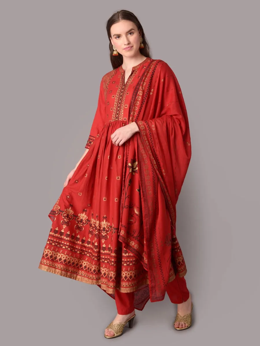 Women Red Ornamental Print Kurta Trouser Dupatta