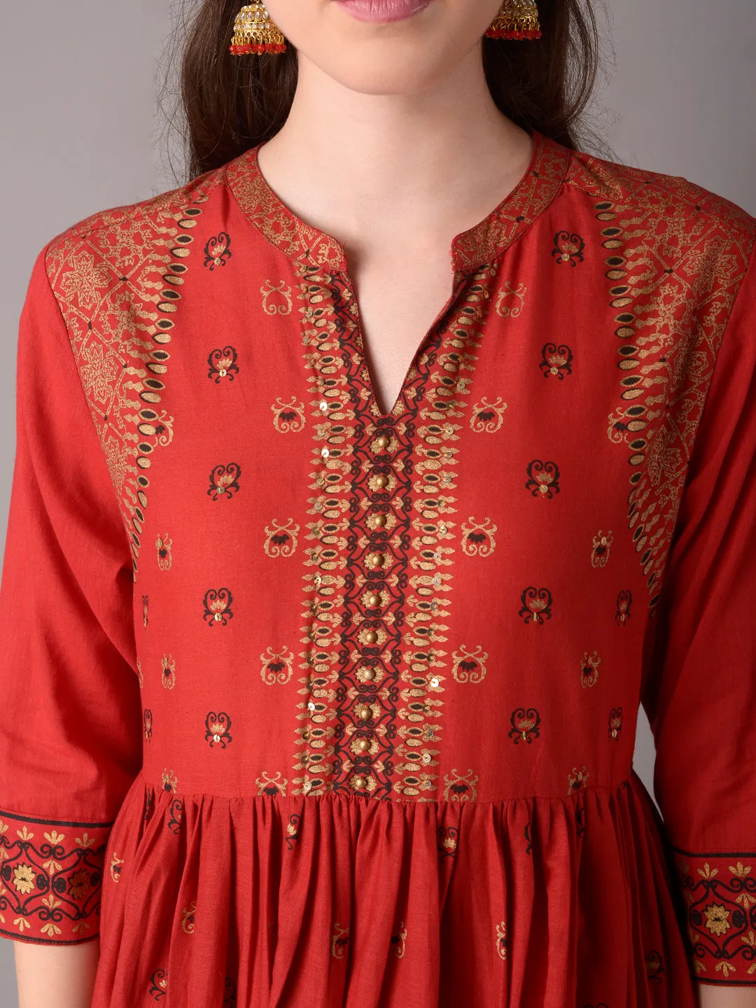 Women Red Ornamental Print Kurta Trouser Dupatta